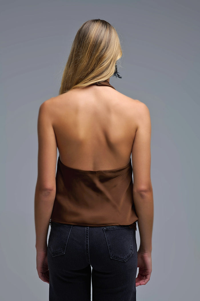 Brown Satin Halter Top with Draped Neckline