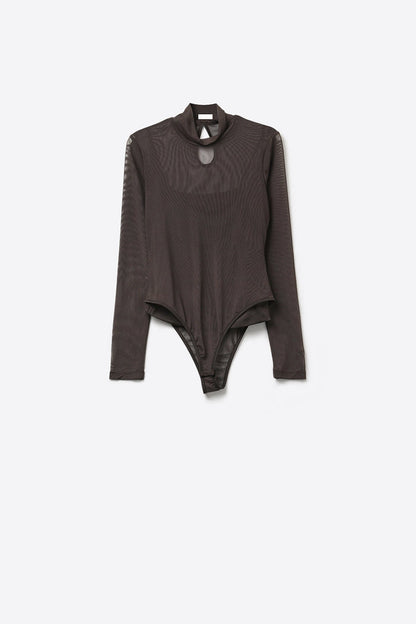 Brown Sheer Mesh Long Sleeve Mock Neck Bodysuit