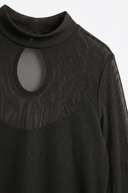 Brown Sheer Mesh Long Sleeve Mock Neck Bodysuit