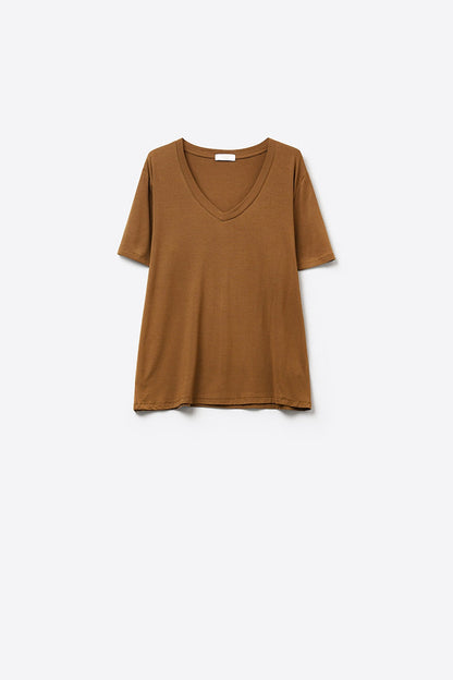 Brown Soft wide V-Neck t-shirt in viscose fabric - top
