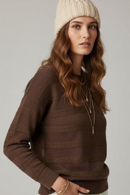Brown Striped Knit Sweater with Sequin Detail