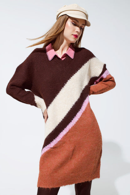 Brown striped oversized chunky knit dress with crew neck - dress