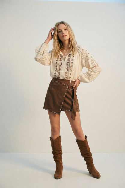 Brown Studded Wrap Mini Skirt with Belt Detail