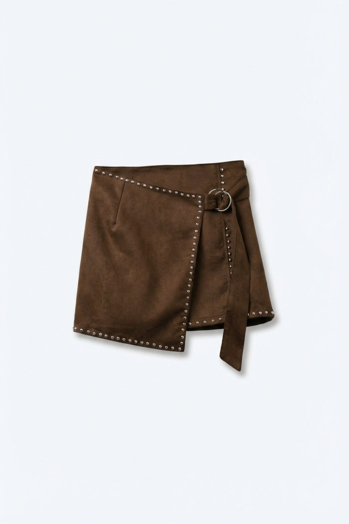 Brown Studded Wrap Mini Skirt with Belt Detail