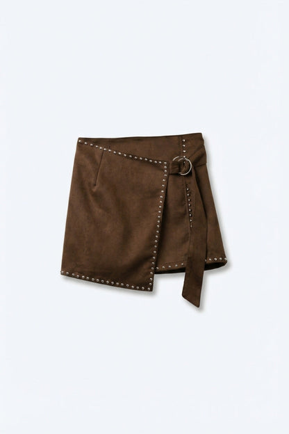 Brown Studded Wrap Mini Skirt with Belt Detail