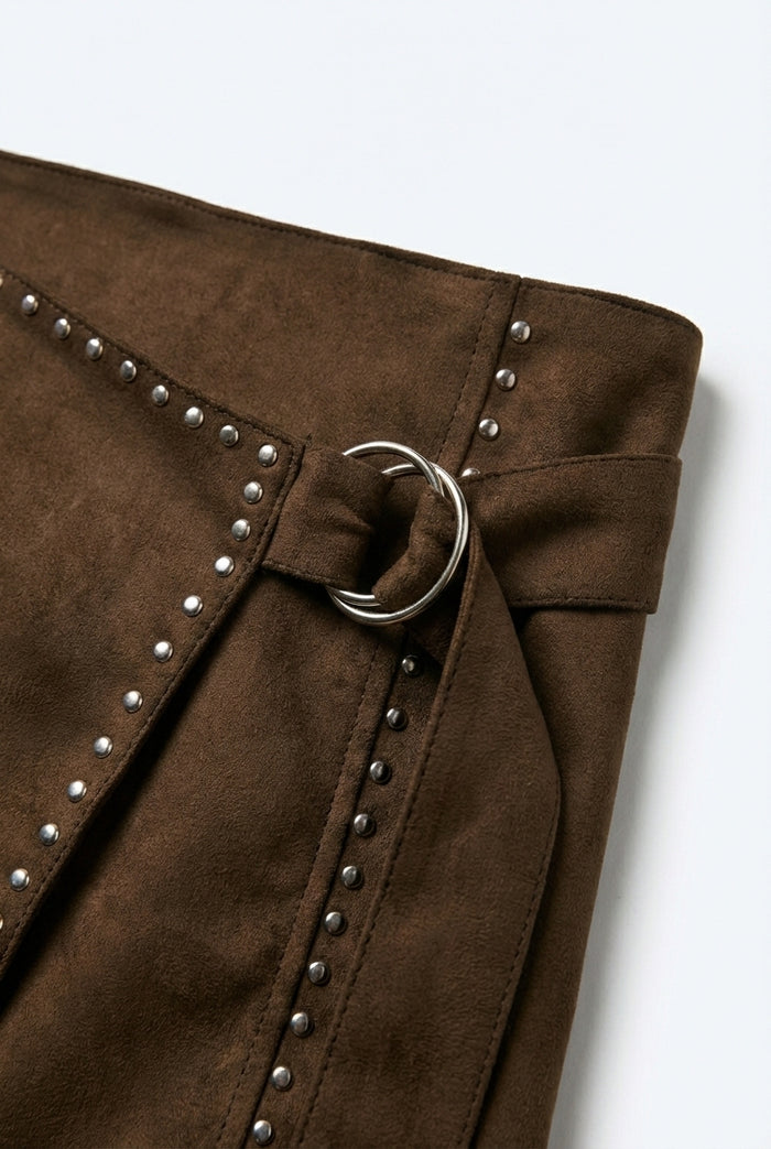 Brown Studded Wrap Mini Skirt with Belt Detail