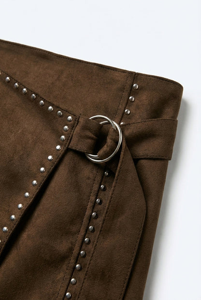 Brown Studded Wrap Mini Skirt with Belt Detail