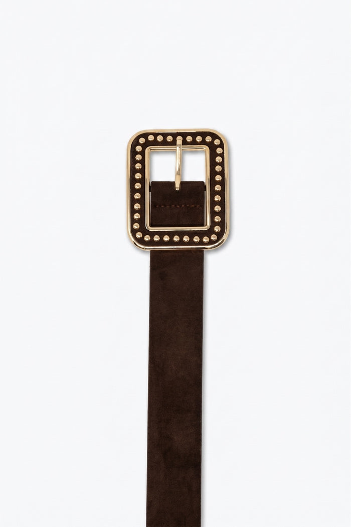Brown Suede Finish Gold Studded Square Buckle Waist Belt