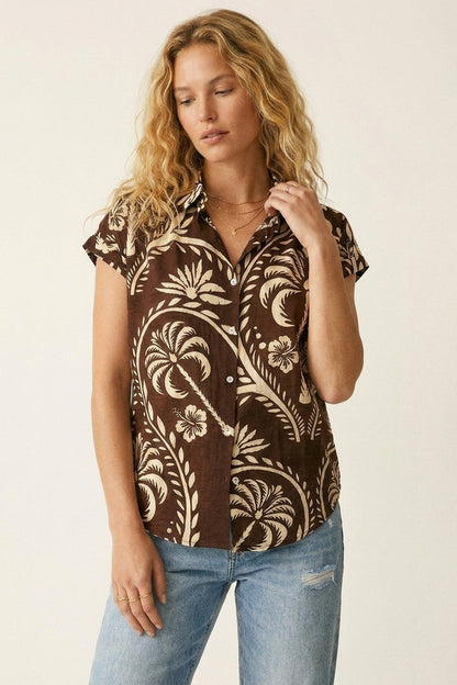 Brown Tropical Print Short Sleeve Button-Up shirt - Shirts