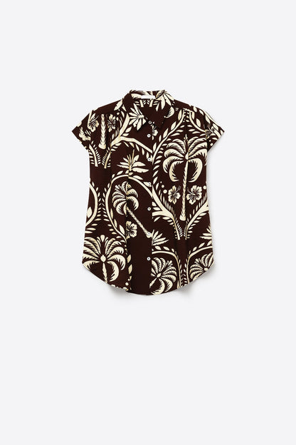 Brown Tropical Print Short Sleeve Button-Up shirt - Shirts