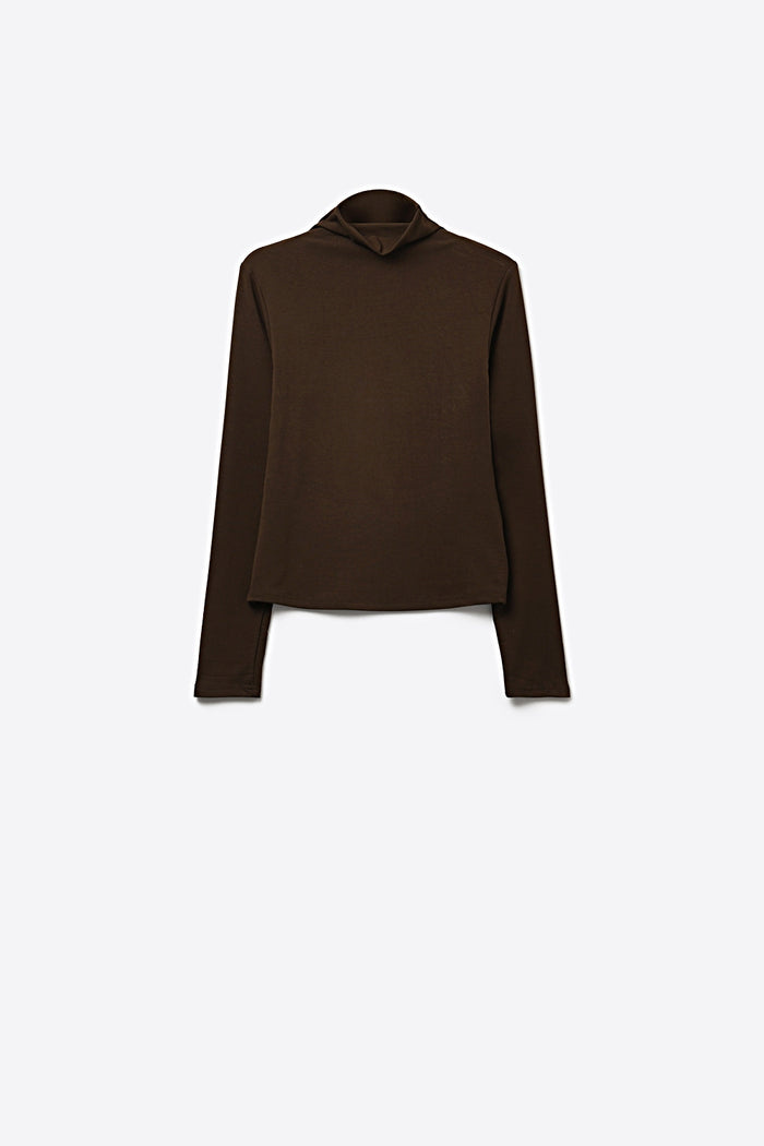 Brown Turtleneck t-shirt in soft stretch fabric - top