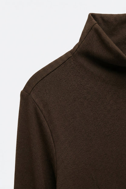 Brown Turtleneck t-shirt in soft stretch fabric - top