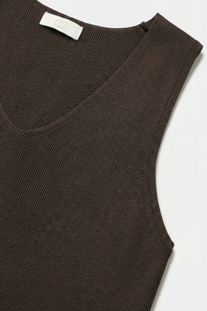 Brown V-Neck Ribbed Knit Tank Top