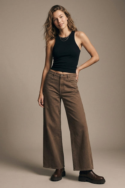 Brown Wide-Leg Casual Cotton Denim Pants - Coloured Jeans