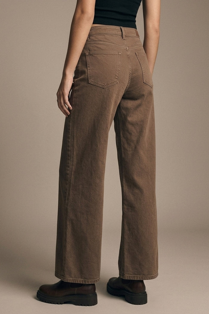 Brown Wide-Leg Casual Cotton Denim Pants - Coloured Jeans