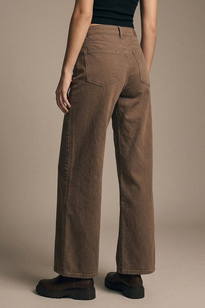 Brown Wide-Leg Casual Cotton Denim Pants - Coloured Jeans