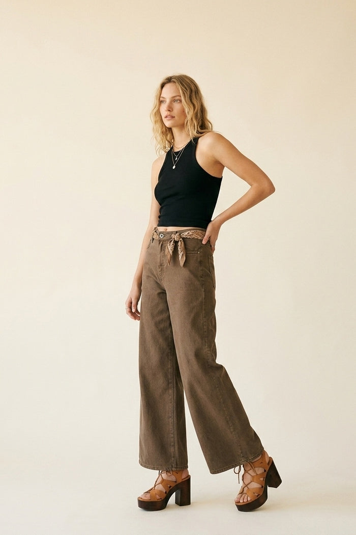 Brown Wide-Leg Casual Cotton Denim Pants - Coloured Jeans