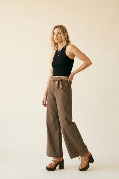Brown Wide-Leg Casual Cotton Denim Pants - Coloured Jeans