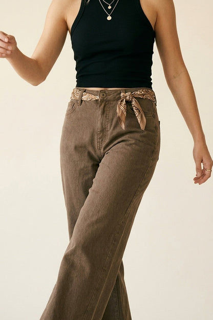 Brown Wide-Leg Casual Cotton Denim Pants - Coloured Jeans