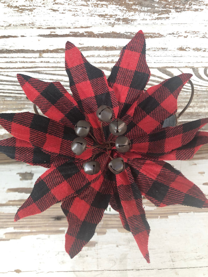 Buffalo Check Jingle Bell Poinsettia Stem