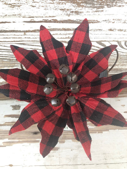 Buffalo Check Jingle Bell Poinsettia Stem