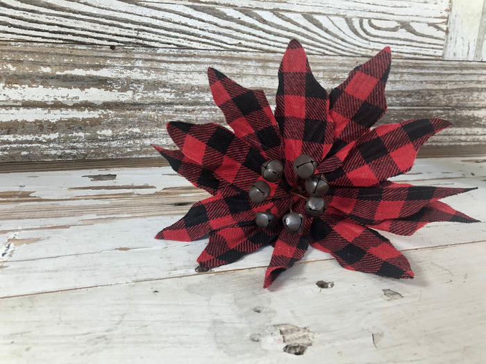 Buffalo Check Jingle Bell Poinsettia Stem