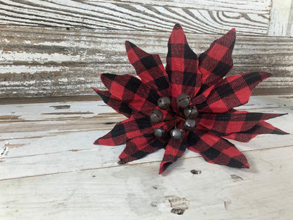 Buffalo Check Jingle Bell Poinsettia Stem