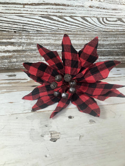 Buffalo Check Jingle Bell Poinsettia Stem