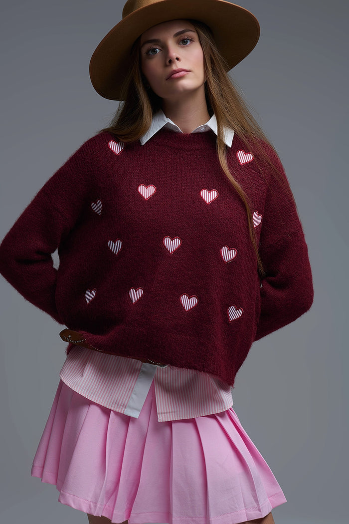 Burgundy Crew Neck Sweater With Striped Hearts