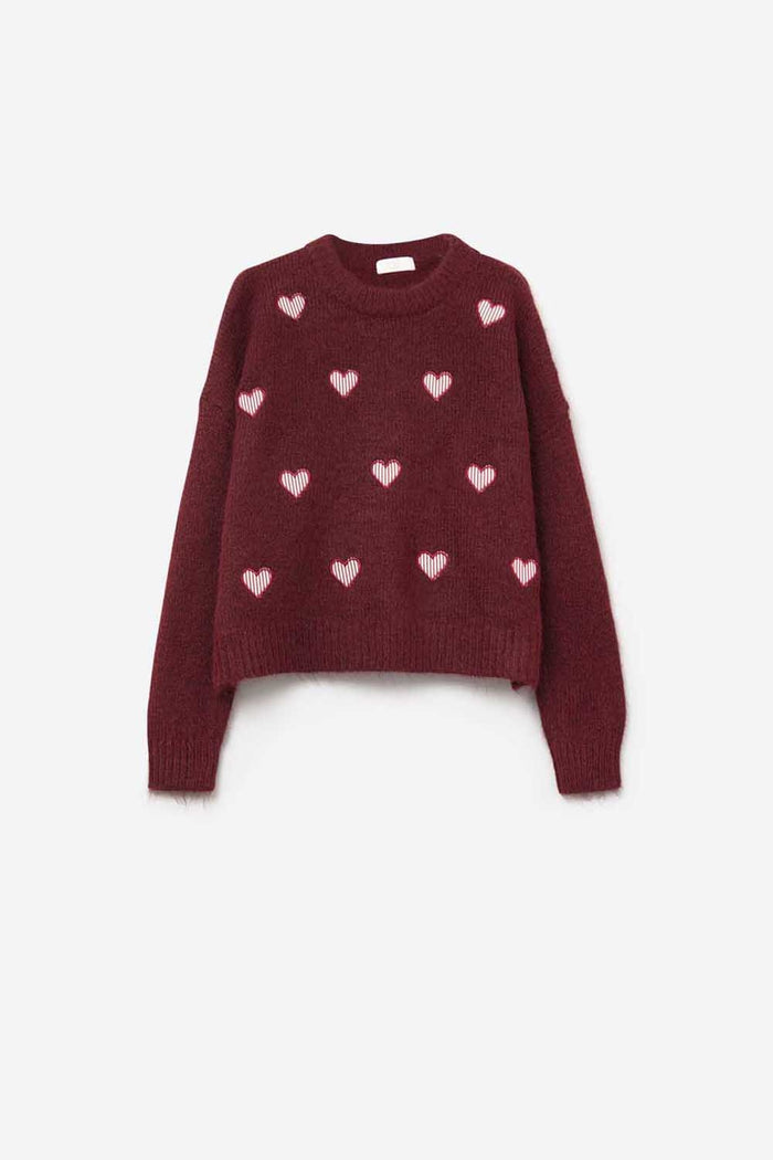Burgundy Crew Neck Sweater With Striped Hearts