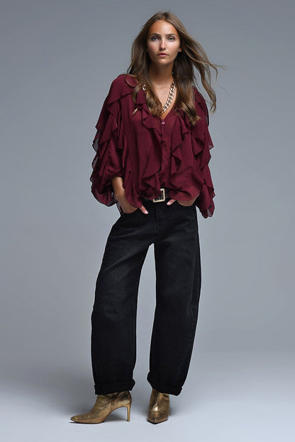 Burgundy V-Neck All Over Ruffle Blouse - Shirts