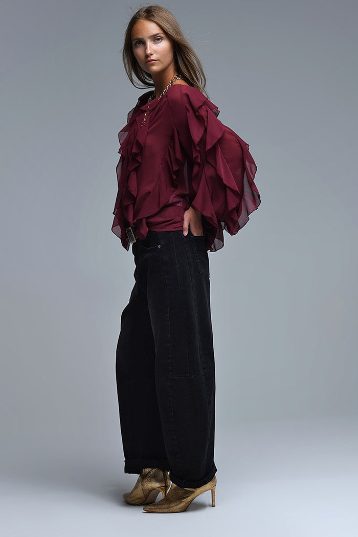 Burgundy V-Neck All Over Ruffle Blouse - Shirts