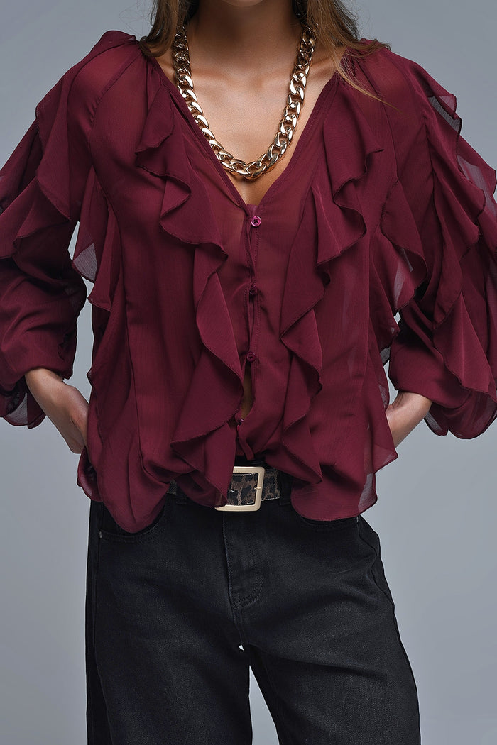 Burgundy V-Neck All Over Ruffle Blouse - Shirts