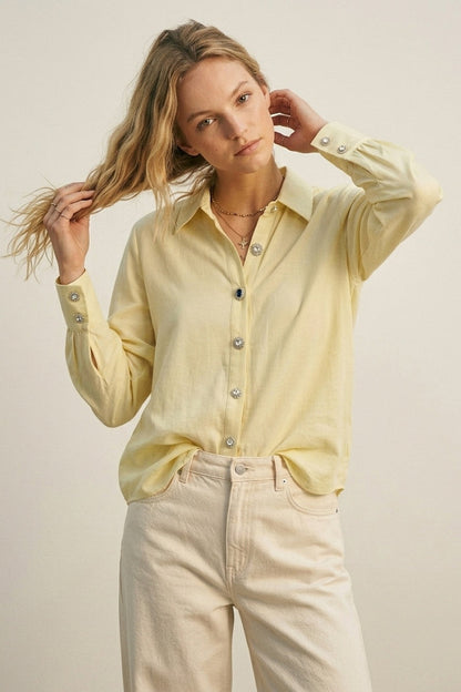 Butter Yellow Button-Up Shirt with buttons on cuff - Shirts