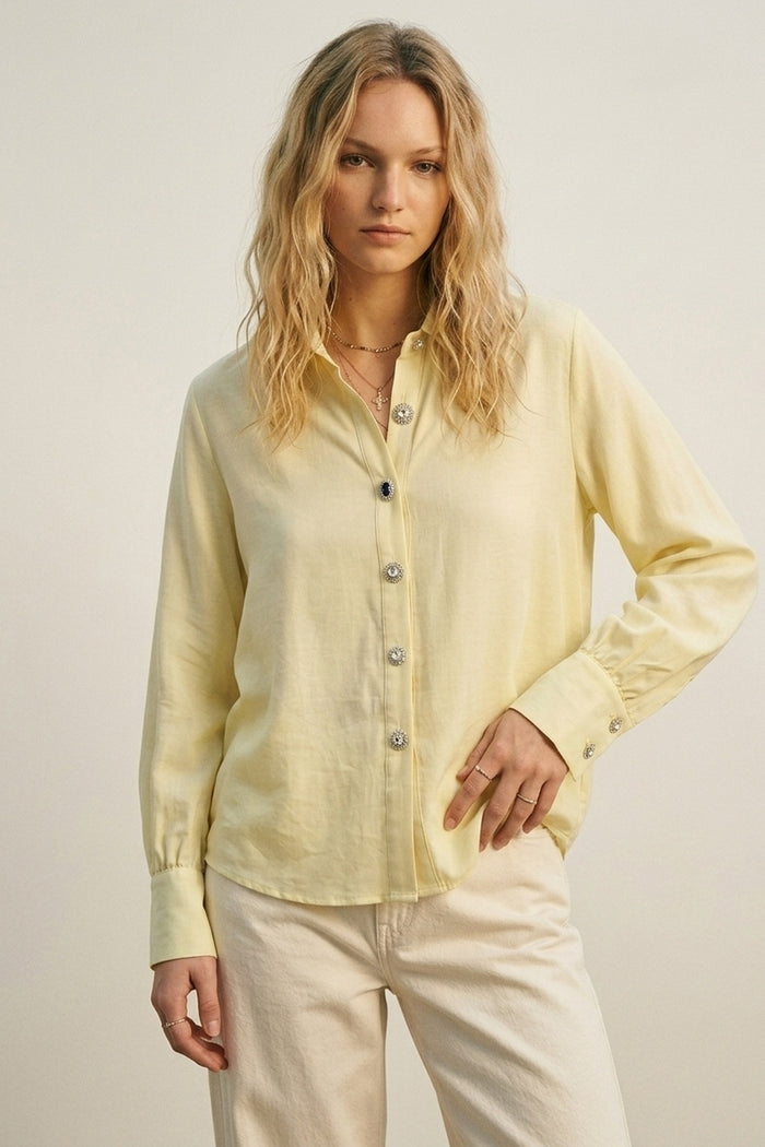 Butter Yellow Button-Up Shirt with buttons on cuff - Shirts