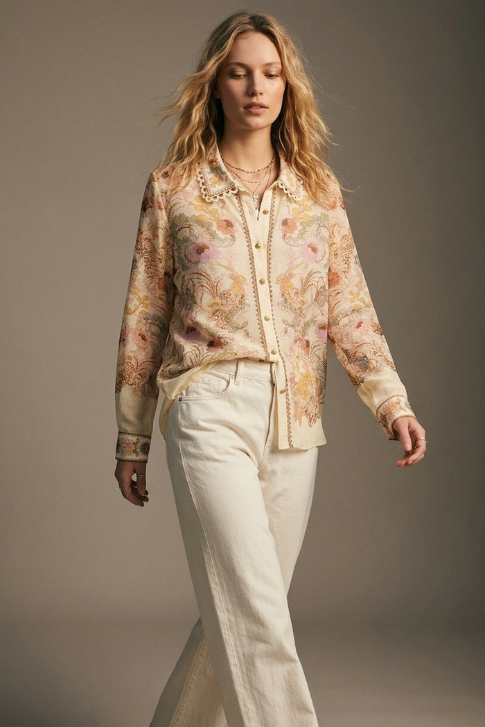 Butter yellow Floral Print shirt with Lace Trim detail - Shirts