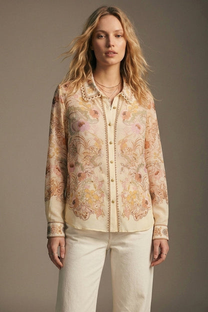 Butter yellow Floral Print shirt with Lace Trim detail - Shirts