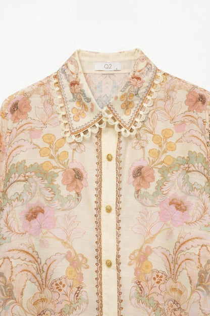 Butter yellow Floral Print shirt with Lace Trim detail - Shirts
