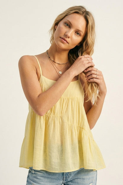 butter Yellow Lightweight Tiered Spaghetti Strap Asymmetric top
