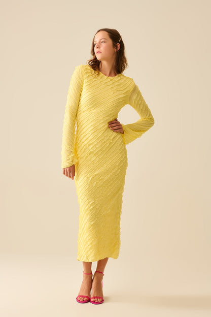 Butter Yellow Maxi Dress With Bias mini Ruffle Design - dress