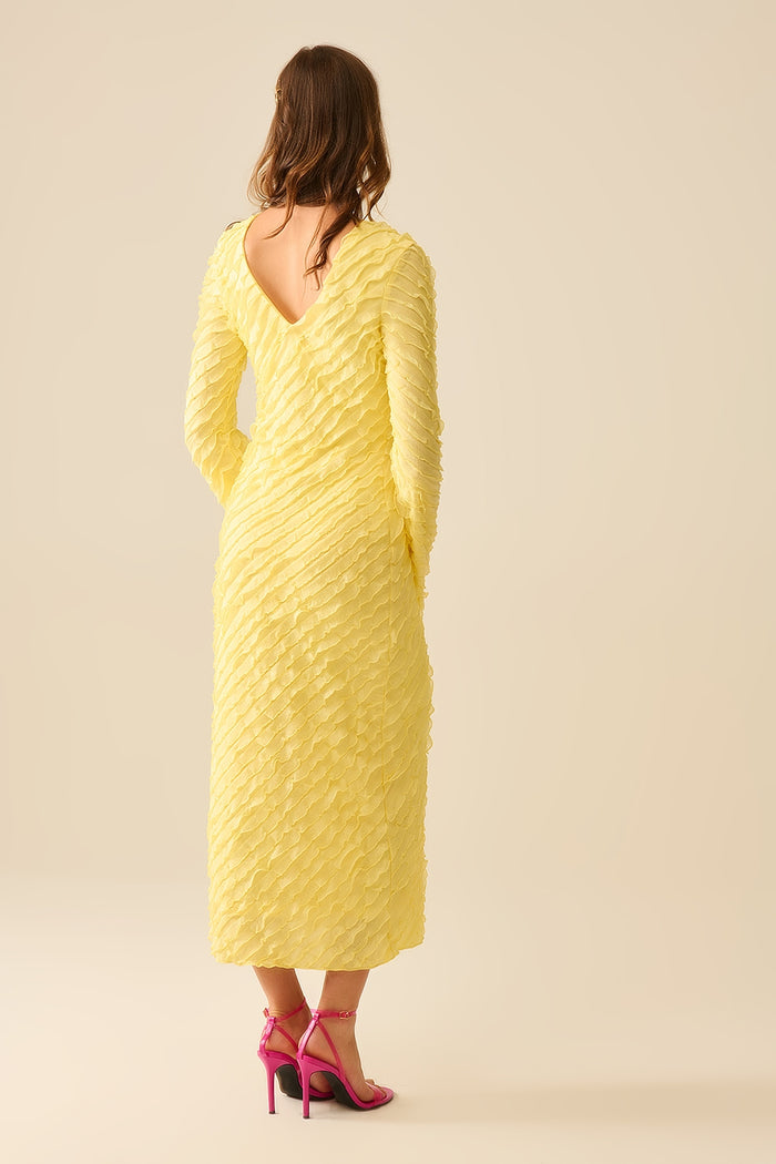 Butter Yellow Maxi Dress With Bias mini Ruffle Design - dress