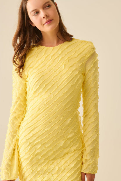 Butter Yellow Maxi Dress With Bias mini Ruffle Design - dress