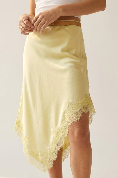 Butter Yellow Satin Handkerchief Skirt with Lace Trim