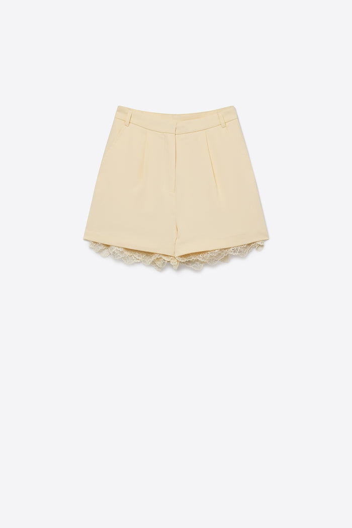 butter yellow Tailored Shorts with Lace Trim Detail - trousers