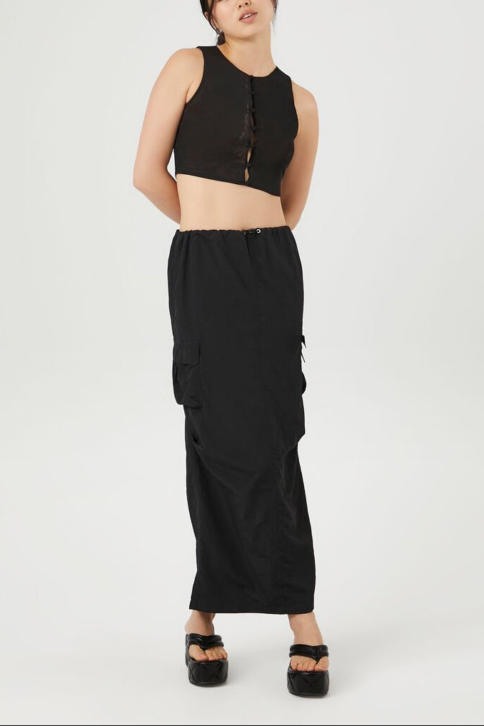Button-Front Mesh Crop Top