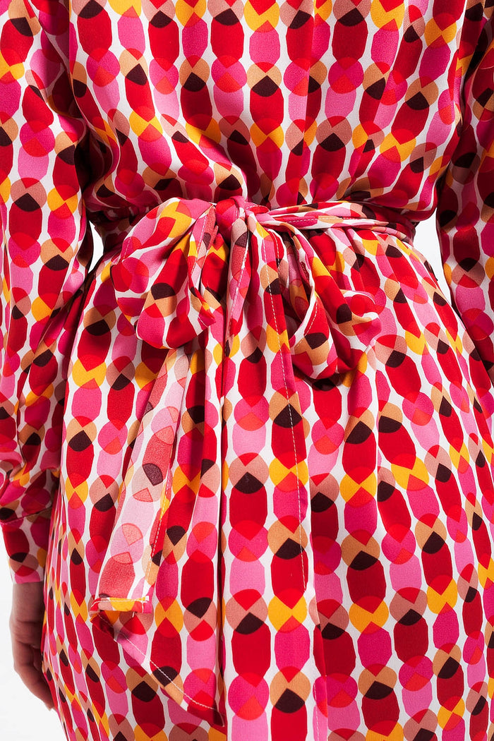 Button front tie waist printed dress in red - dress