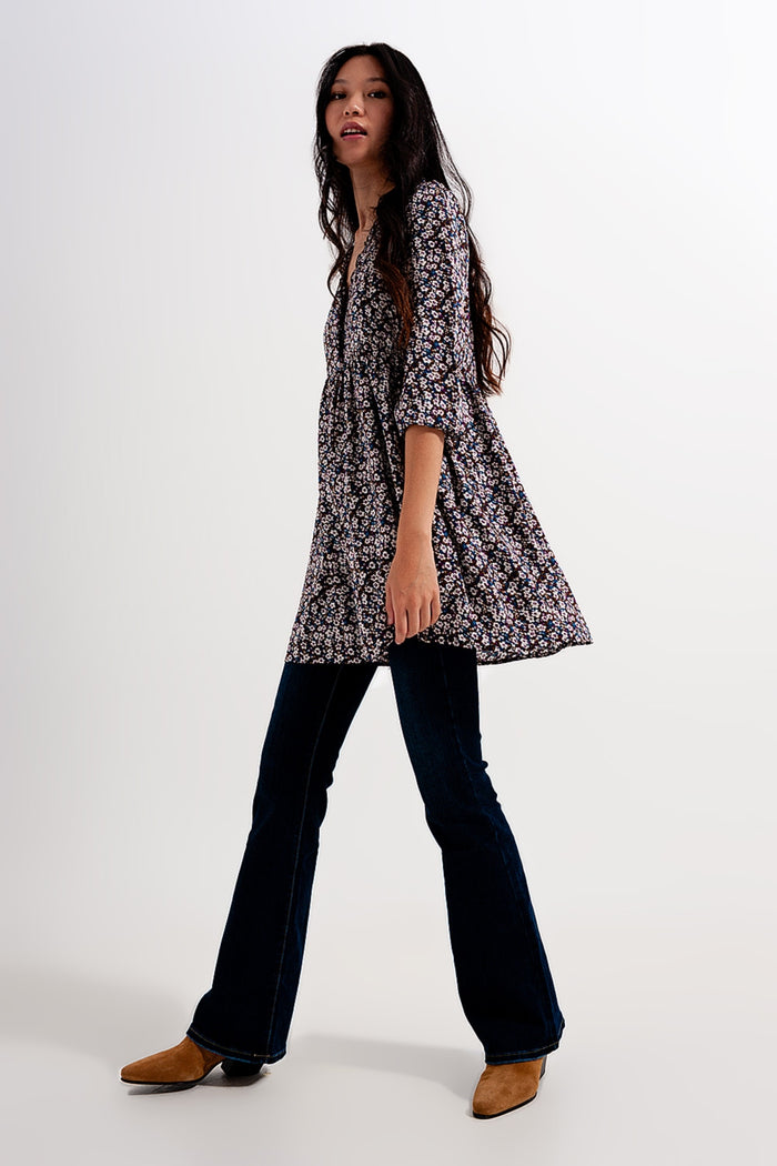 Button through mini dress in brown floral - dress