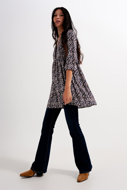 Button through mini dress in brown floral - dress