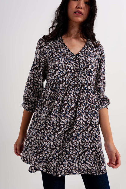 Button through mini dress in brown floral - dress