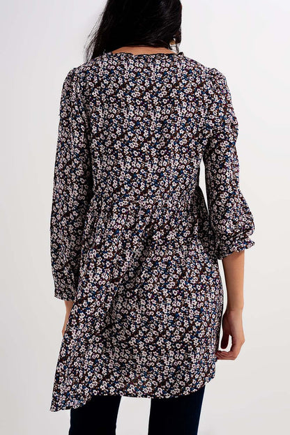 Button through mini dress in brown floral - dress